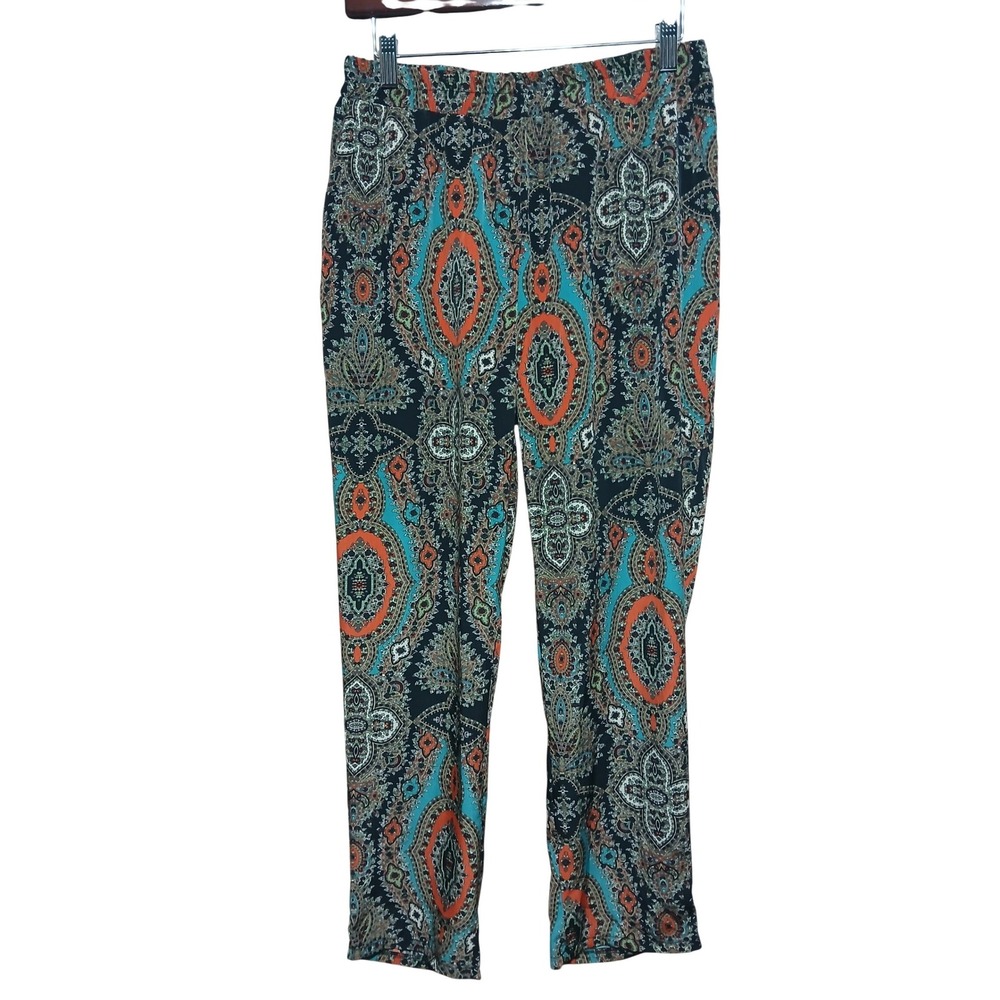 TOBI Womens Bohemian Paisley Print Elastic Waist Straight Leg Pants Orange Teal
